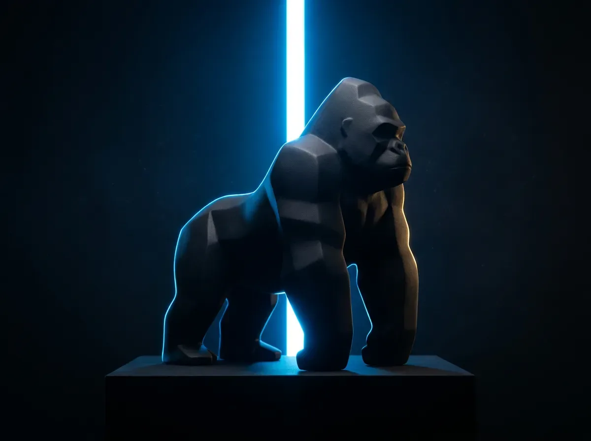 Sculptural gorilla figure edged in electric blue light, teaser artwork for the CRM Gorilla platform